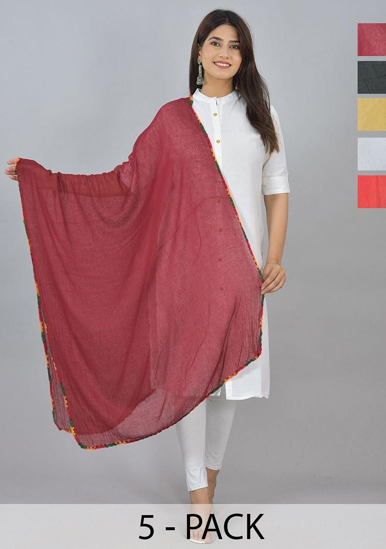 Yellow Poly Blend Pack Of 5 White Dupattas