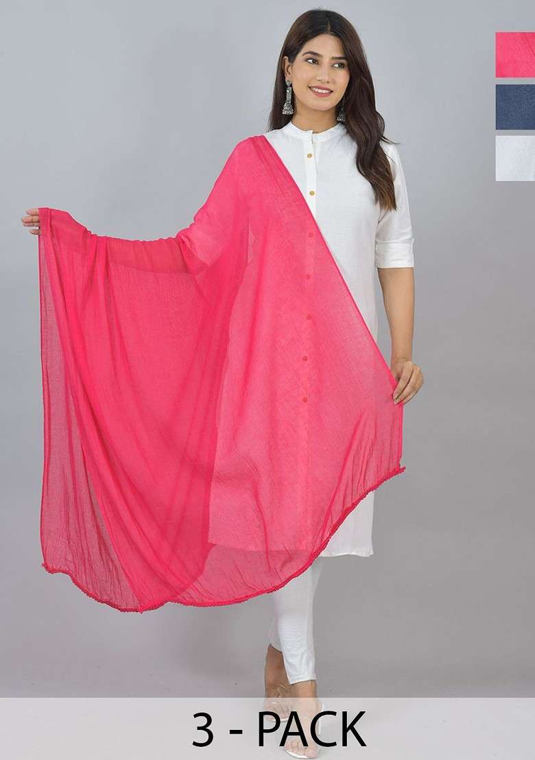 Red Poly Blend Pack Of 3 White Dupattas - Indya