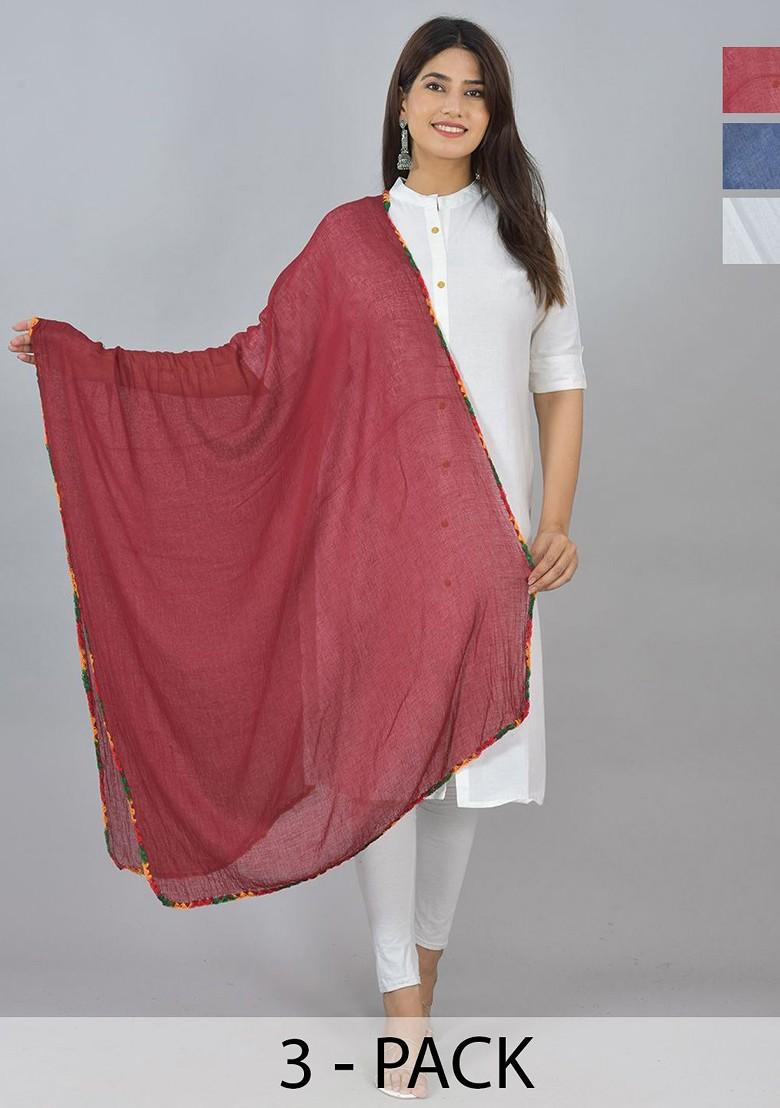 Maroon Poly Blend Pack Of 3 White Dupattas