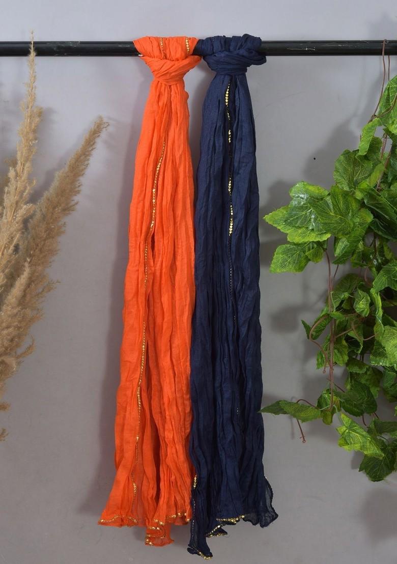 Orange Poly Blend Pack Of 2 White Dupattas