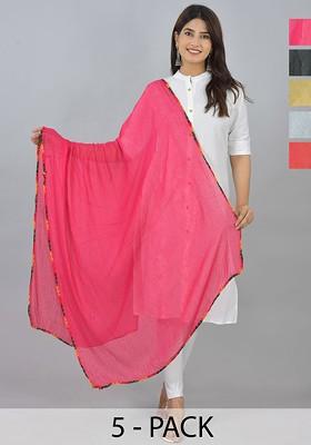 Pink Poly Blend Pack Of 5 White Dupattas