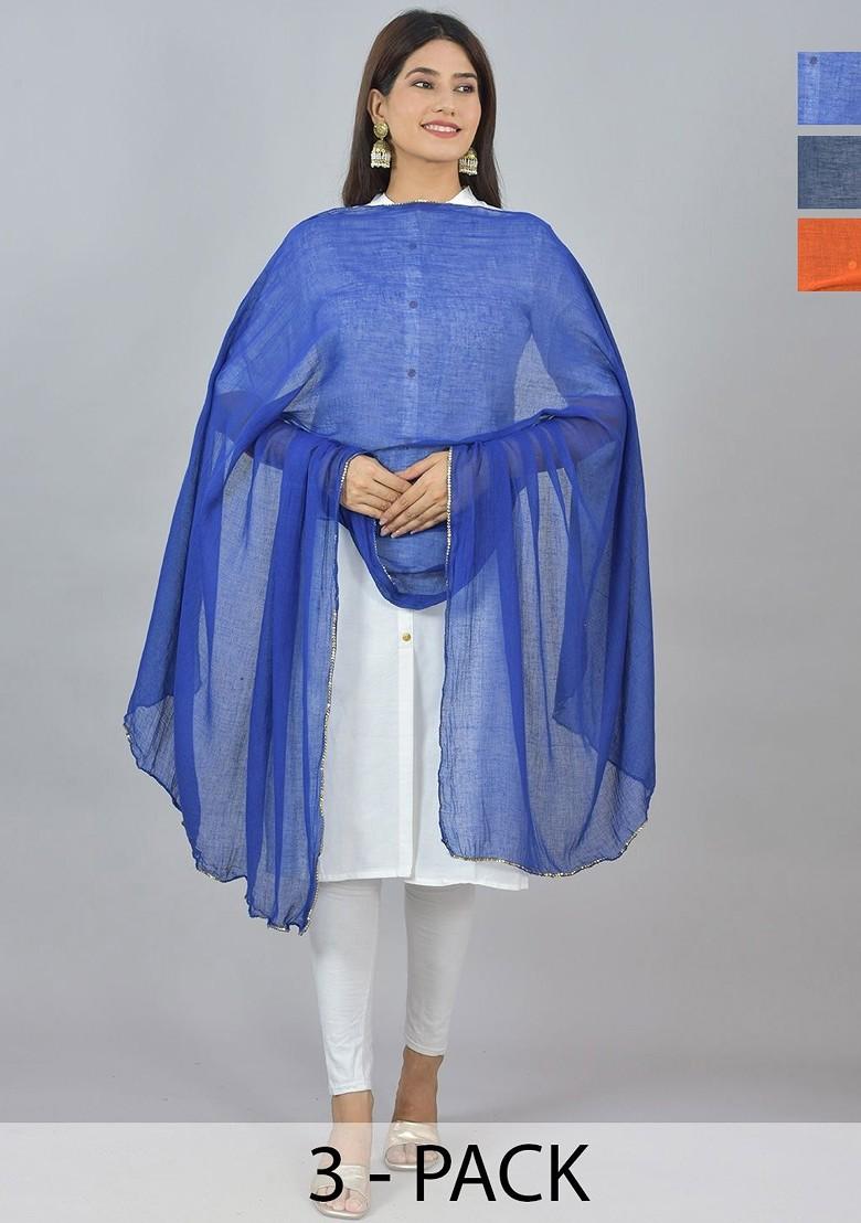 Blue Poly Blend Pack Of 3 White Dupattas