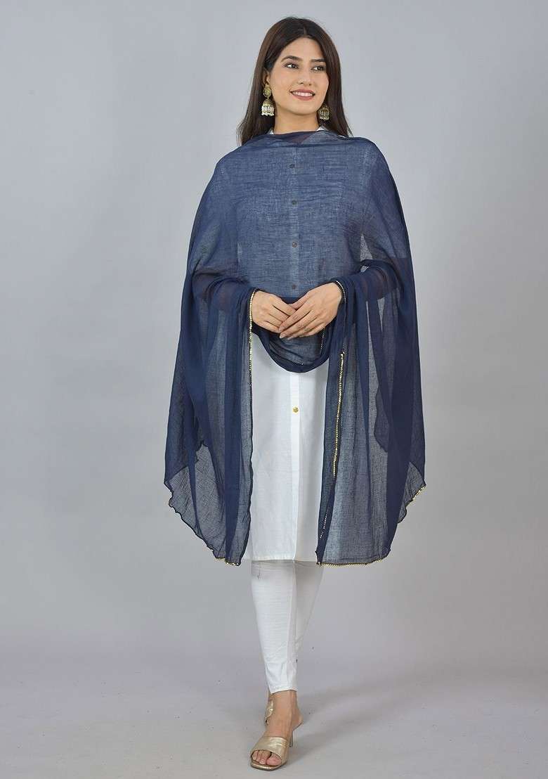 Blue Poly Blend Pack Of 3 White Dupattas - Indya