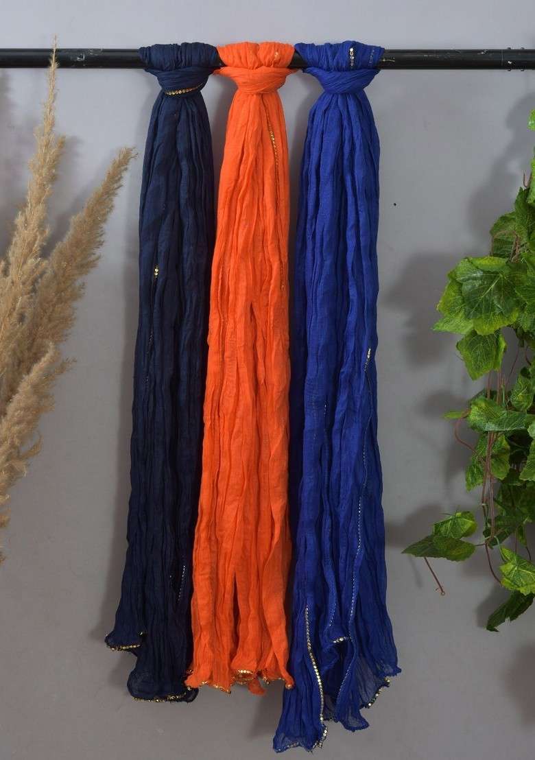 Blue Poly Blend Pack Of 3 White Dupattas - Indya