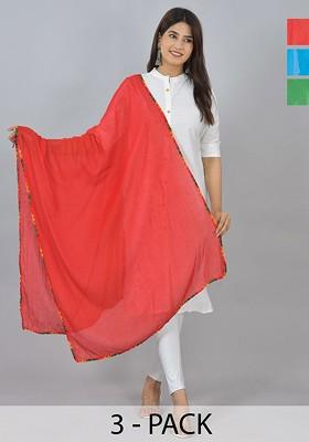 Red Poly Blend Pack Of 3 White Dupattas
