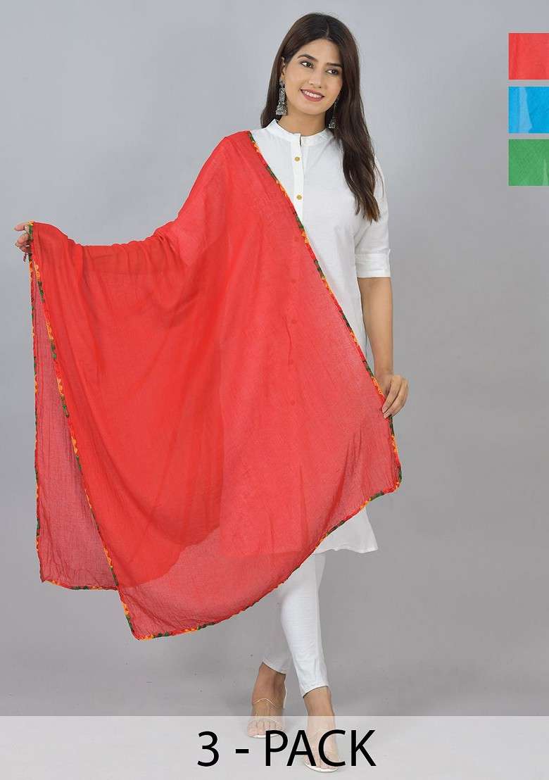 Red Poly Blend Pack Of 3 White Dupattas - Indya