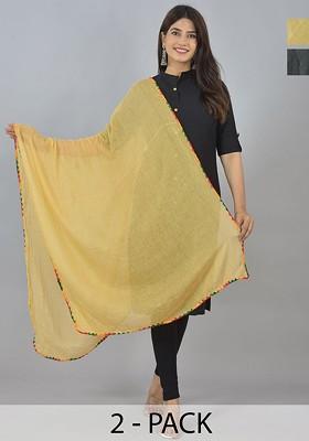 Beige Poly Blend Pack Of 2 White Dupattas