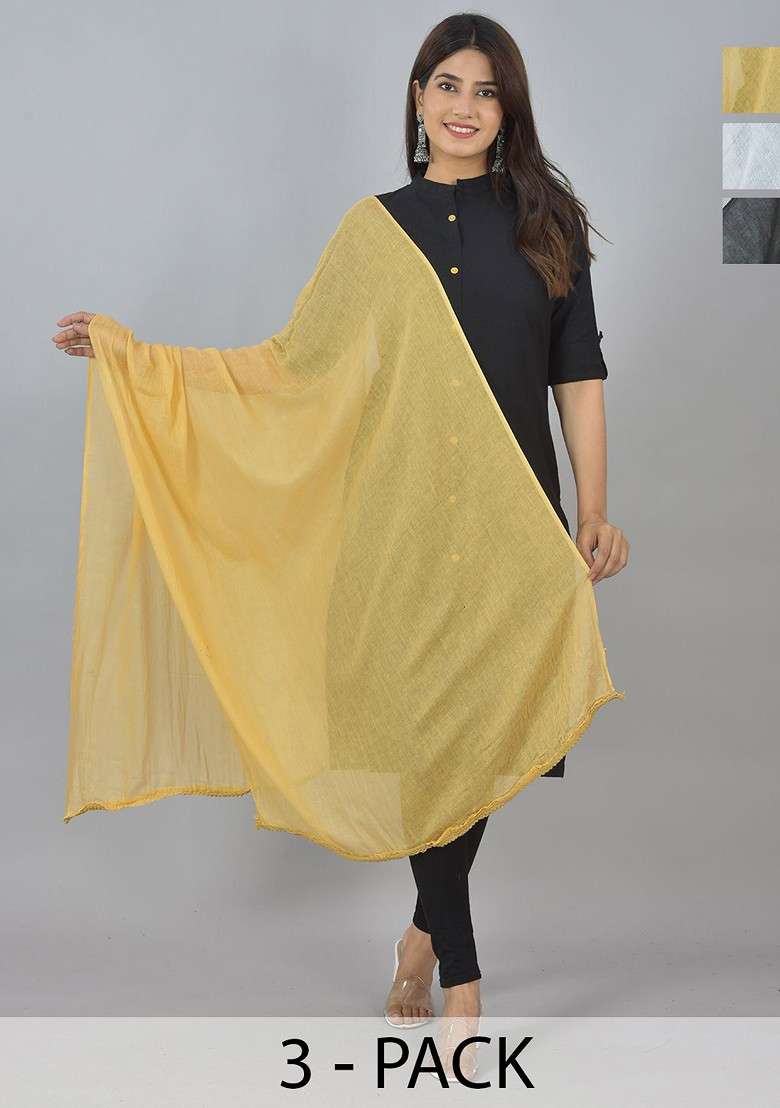 Black Poly Blend Pack Of 3 White Dupattas - Indya