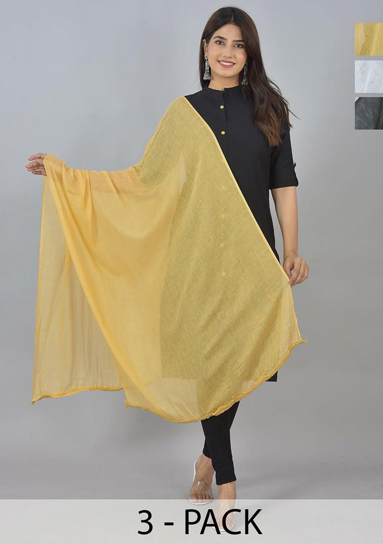 Black Poly Blend Pack Of 3 White Dupattas