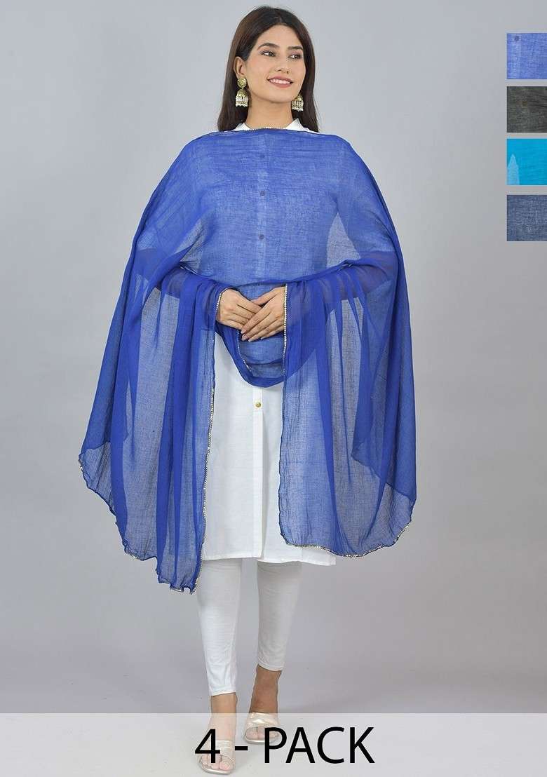 Black Poly Blend Pack Of 4 White Dupattas - Indya