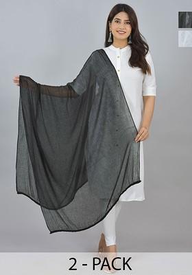 Blue Poly Blend Pack Of 2 White Dupattas