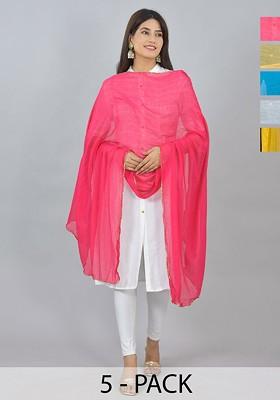 Yellow Poly Blend Pack Of 5 White Dupattas