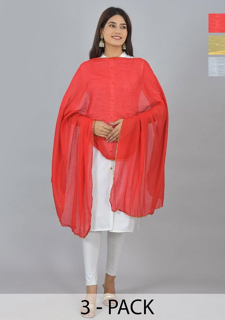 Red Poly Blend Pack Of 3 White Dupattas
