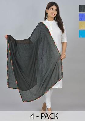 Blue Poly Blend Pack Of 4 White Dupattas