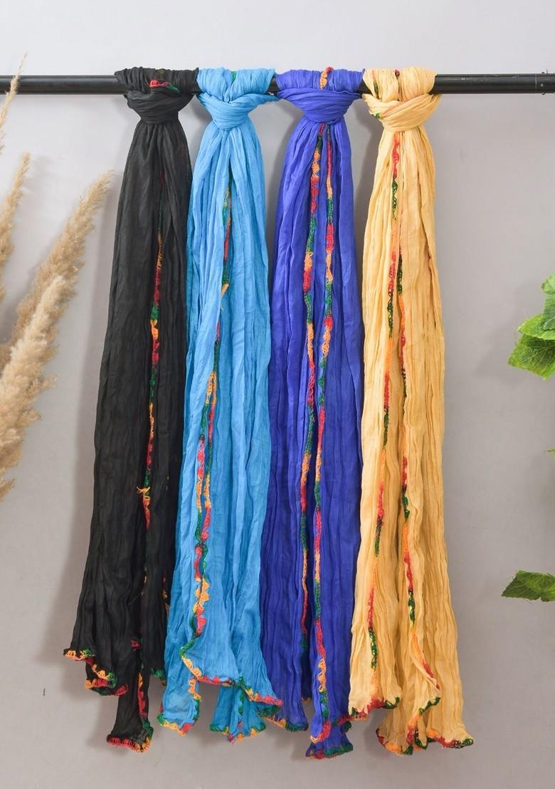 Blue Poly Blend Pack Of 4 White Dupattas