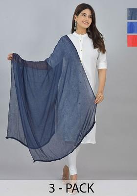 Blue Poly Blend Pack Of 3 White Dupattas