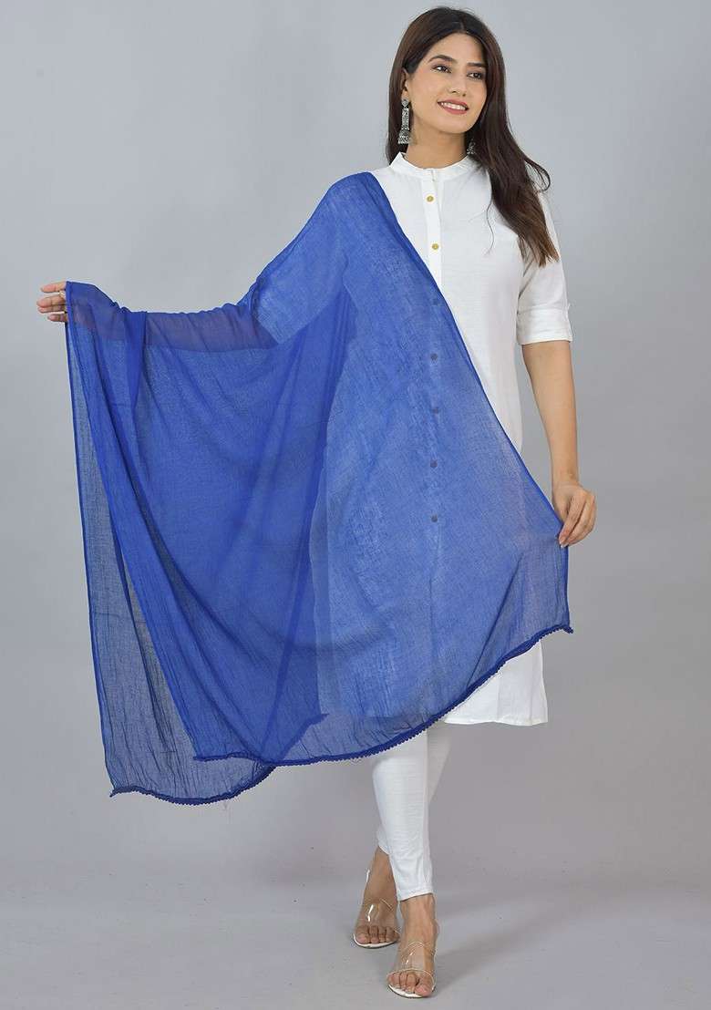 Blue Poly Blend Pack Of 3 White Dupattas - Indya