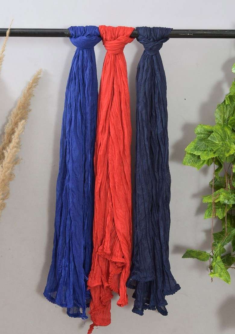 Blue Poly Blend Pack Of 3 White Dupattas - Indya