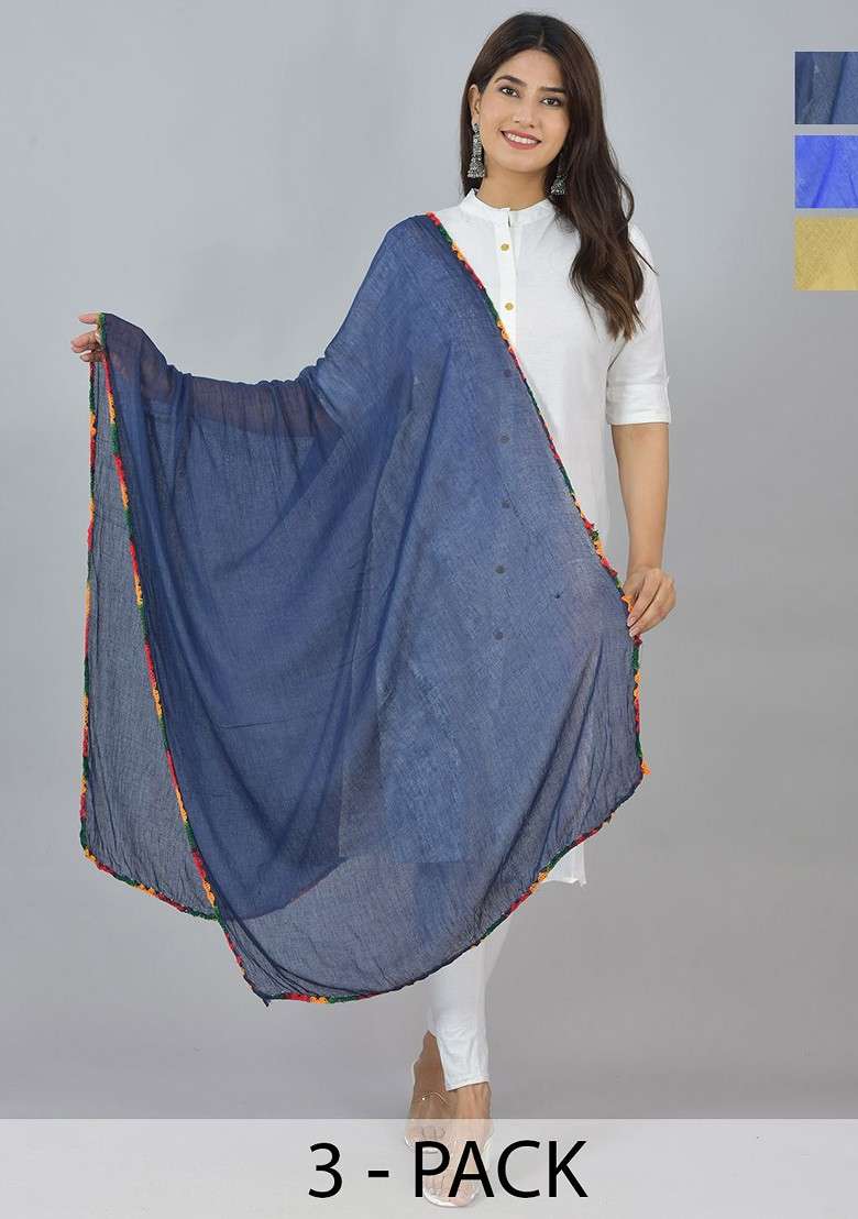 Blue Poly Blend Pack Of 3 White Dupattas - Indya