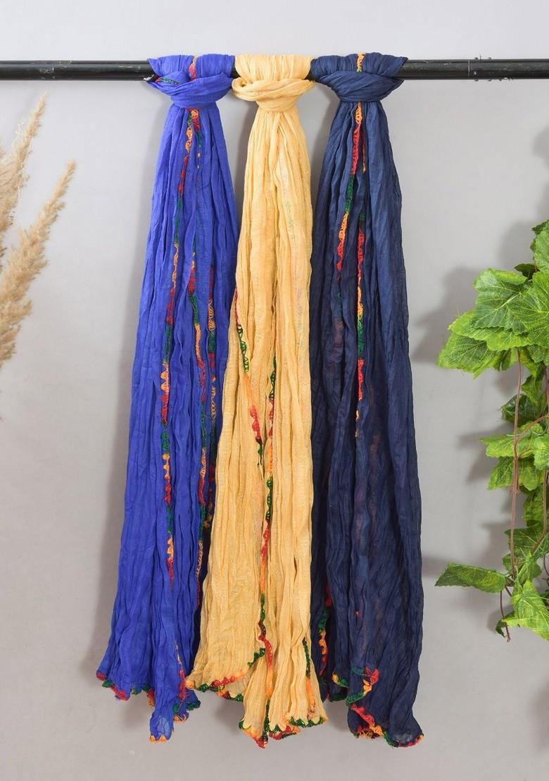 Blue Poly Blend Pack Of 3 White Dupattas