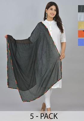 Blue Poly Blend Pack Of 5 White Dupattas