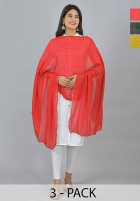 Yellow Poly Blend Pack Of 3 White Dupattas