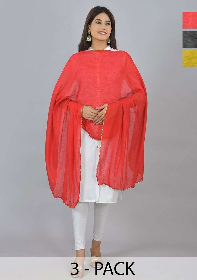 Yellow Poly Blend Pack Of 3 White Dupattas - Indya