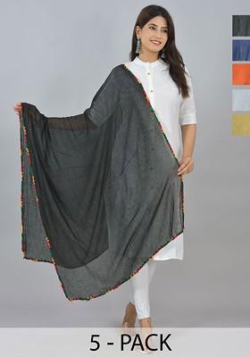 Blue Poly Blend Pack Of 5 White Dupattas