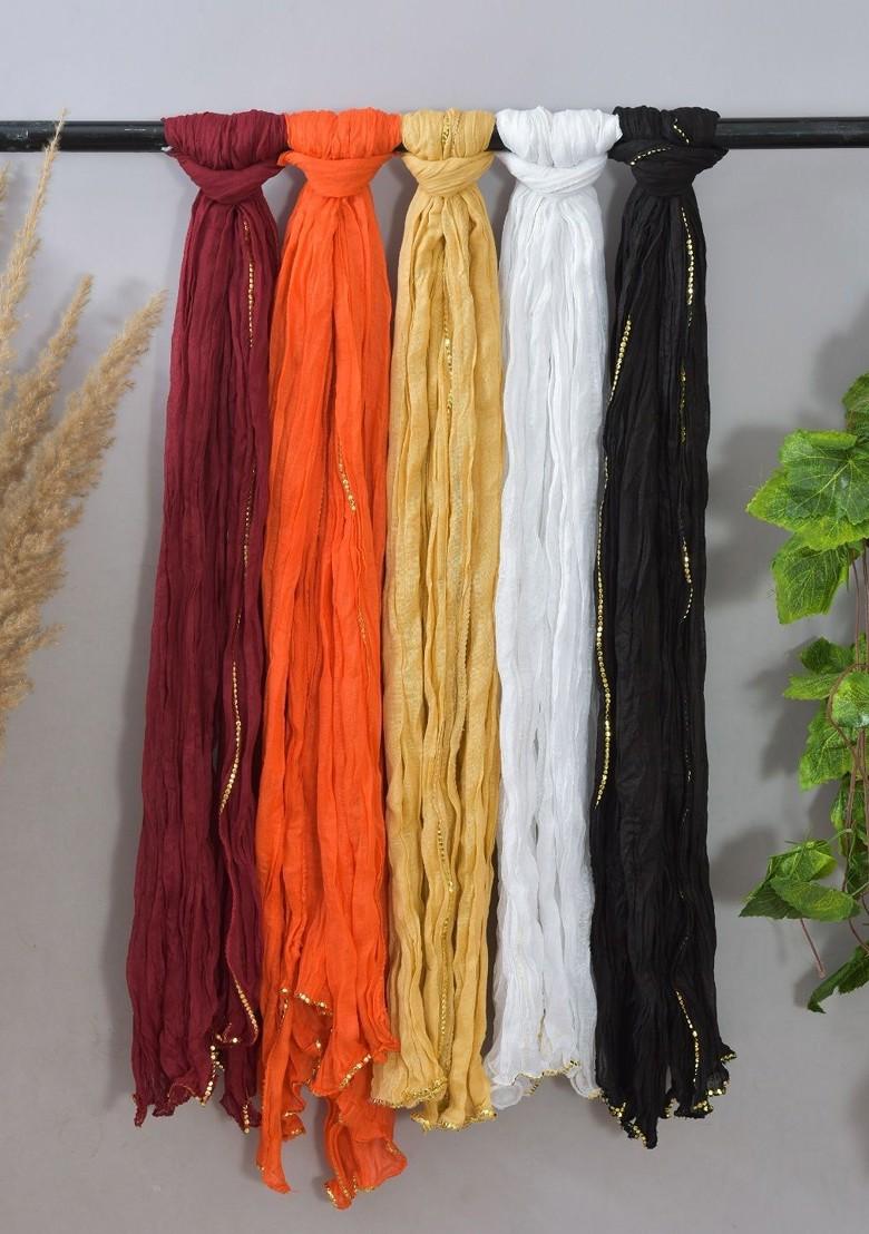 Orange Poly Blend Pack Of 5 White Dupattas