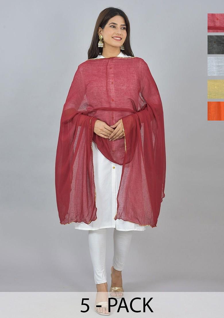 Orange Poly Blend Pack Of 5 White Dupattas