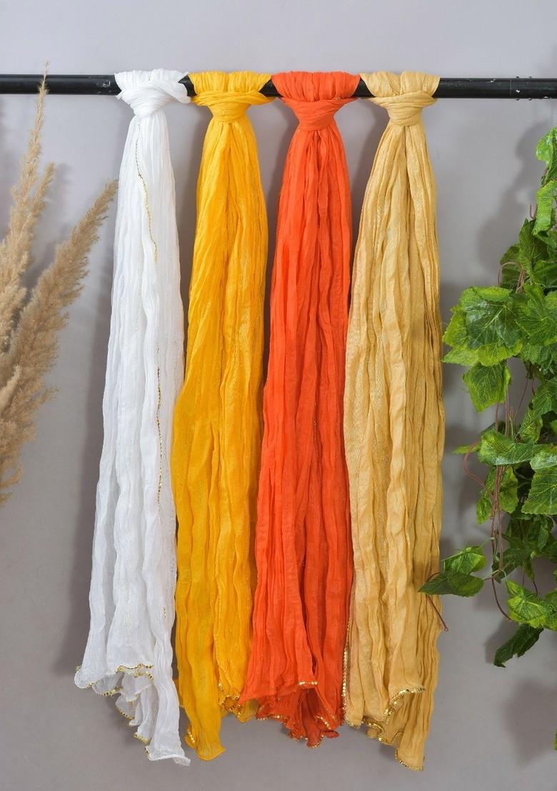 Yellow Poly Blend Pack Of 4 White Dupattas