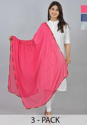 Pink Poly Blend Pack Of 3 White Dupattas