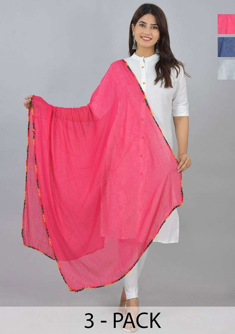 Pink Poly Blend Pack Of 3 White Dupattas - Indya