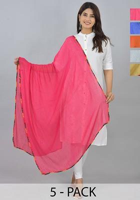 Orange Poly Blend Pack Of 5 White Dupattas
