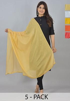 Yellow Poly Blend Pack Of 5 White Dupattas