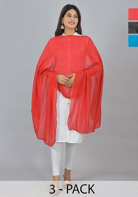 Blue Poly Blend Pack Of 3 White Dupattas