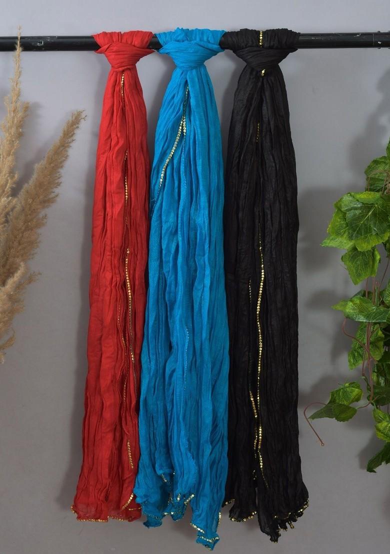 Blue Poly Blend Pack Of 3 White Dupattas