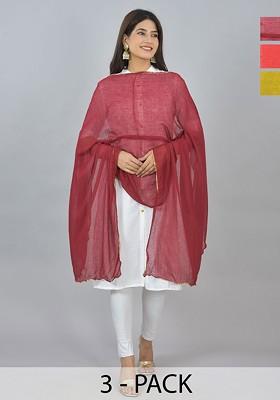 Yellow Poly Blend Pack Of 3 White Dupattas