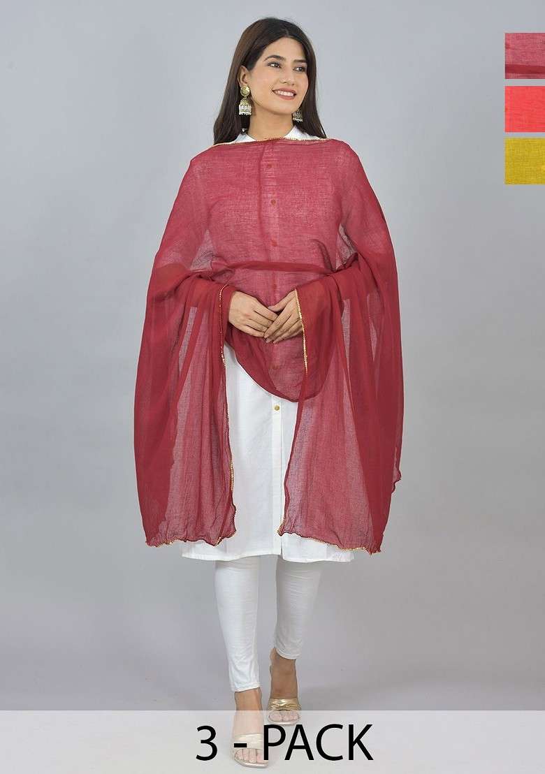 Yellow Poly Blend Pack Of 3 White Dupattas - Indya