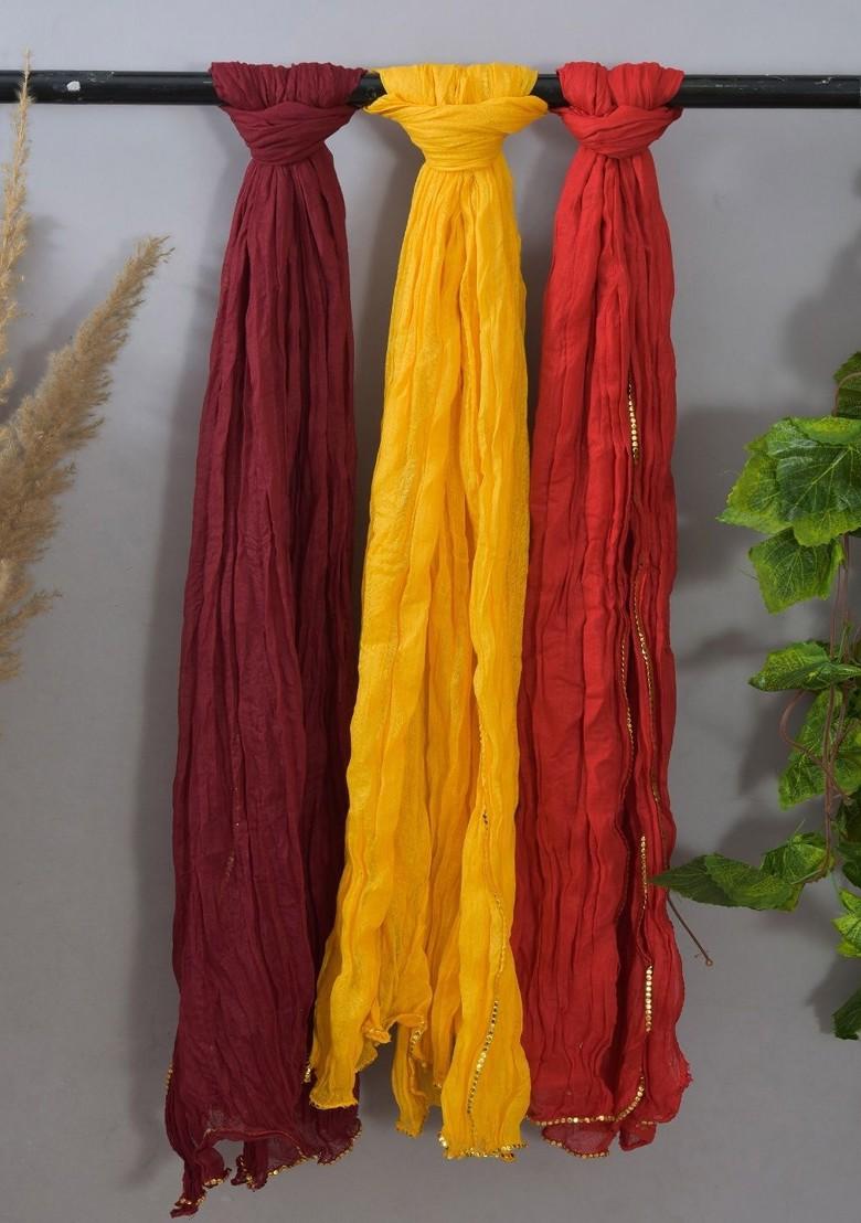 Yellow Poly Blend Pack Of 3 White Dupattas