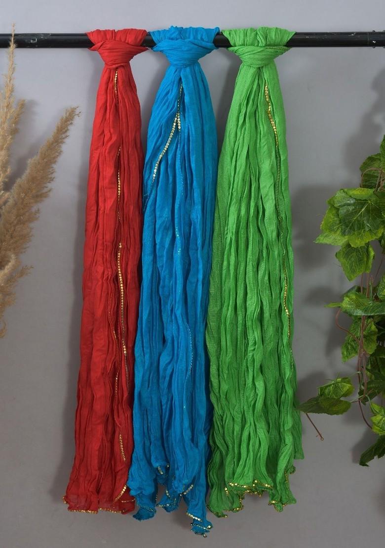 Green Poly Blend Pack Of 3 White Dupattas