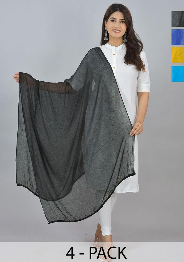 Yellow Poly Blend Pack Of 4 White Dupattas
