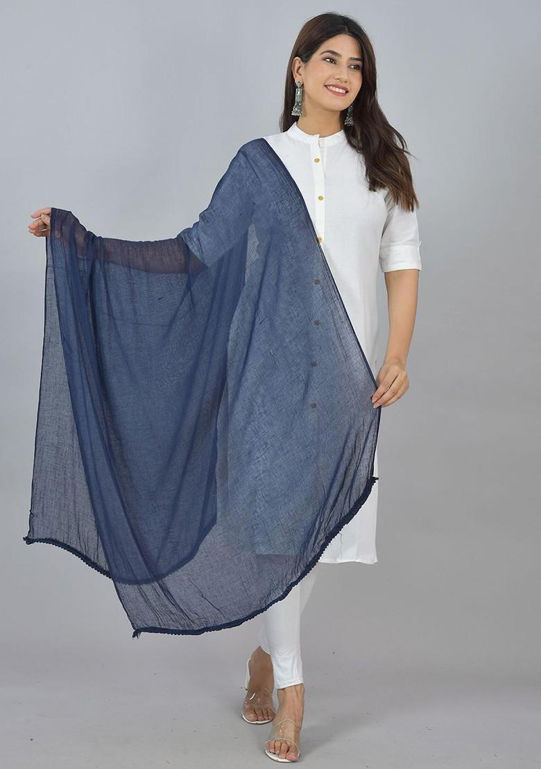 Blue Poly Blend Pack Of 2 White Dupattas