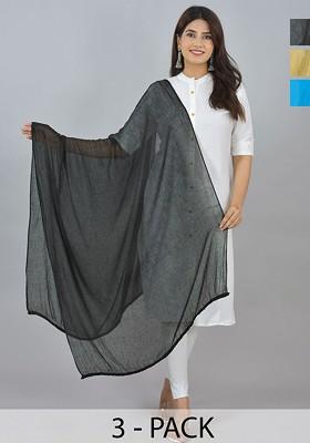 Blue Poly Blend Pack Of 3 White Dupattas