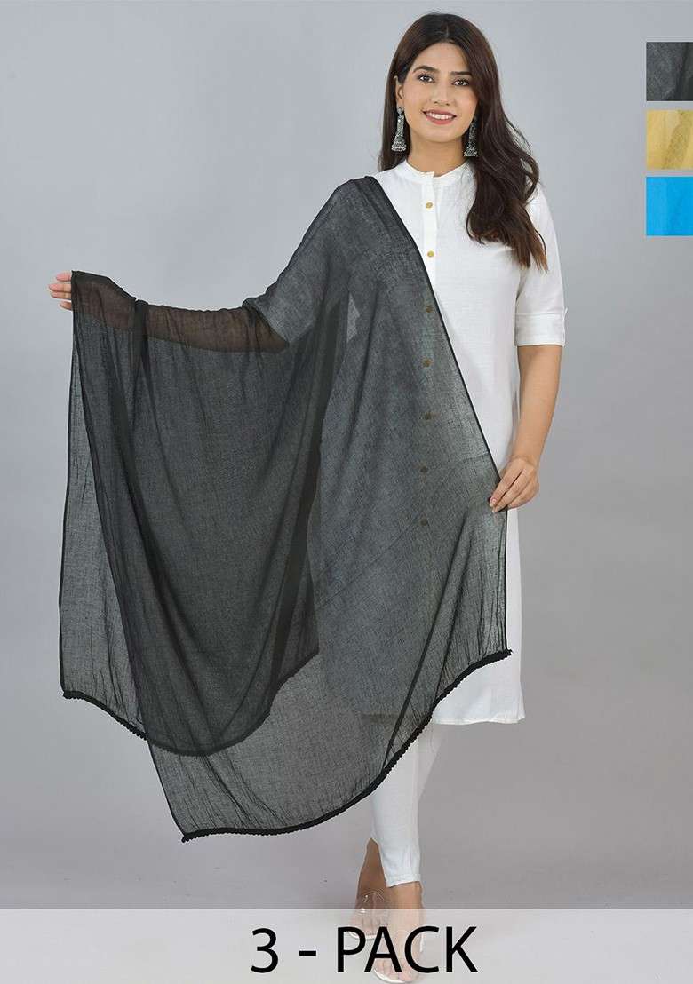 Blue Poly Blend Pack Of 3 White Dupattas - Indya