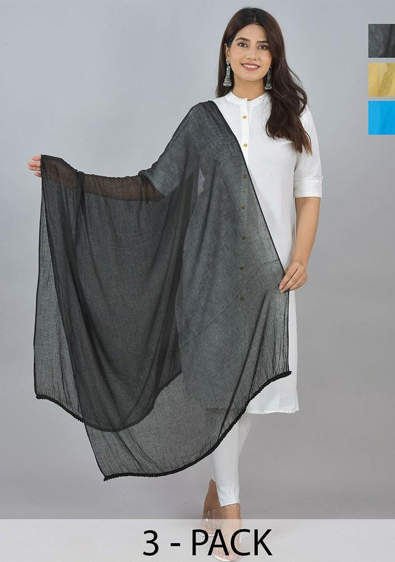 Blue Poly Blend Pack Of 3 White Dupattas