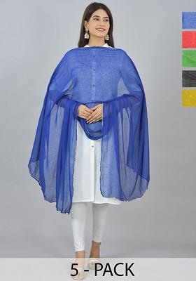 Blue Poly Blend Pack Of 5 White Dupattas