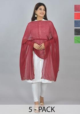 Blue Poly Blend Pack Of 6 White Dupattas