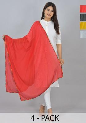 Yellow Poly Blend Pack Of 4 White Dupattas