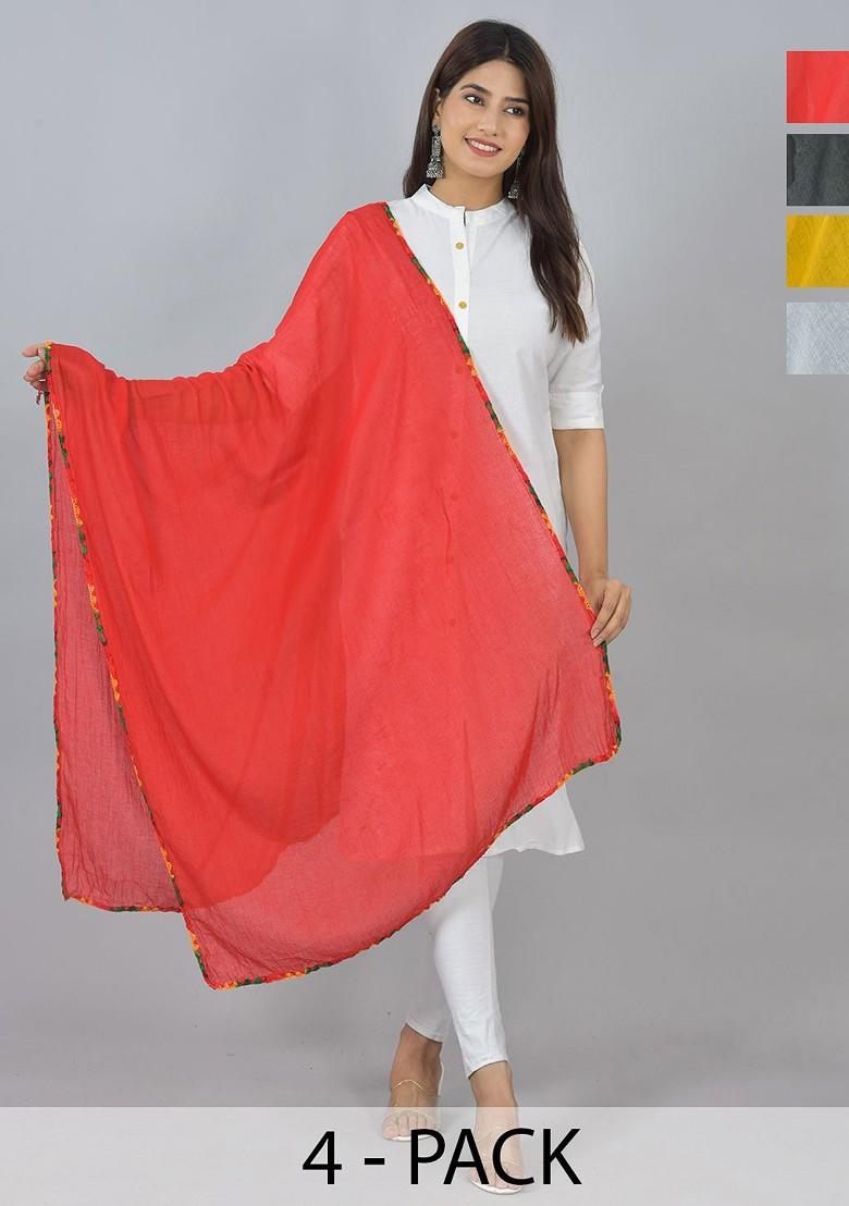 Yellow Poly Blend Pack Of 4 White Dupattas